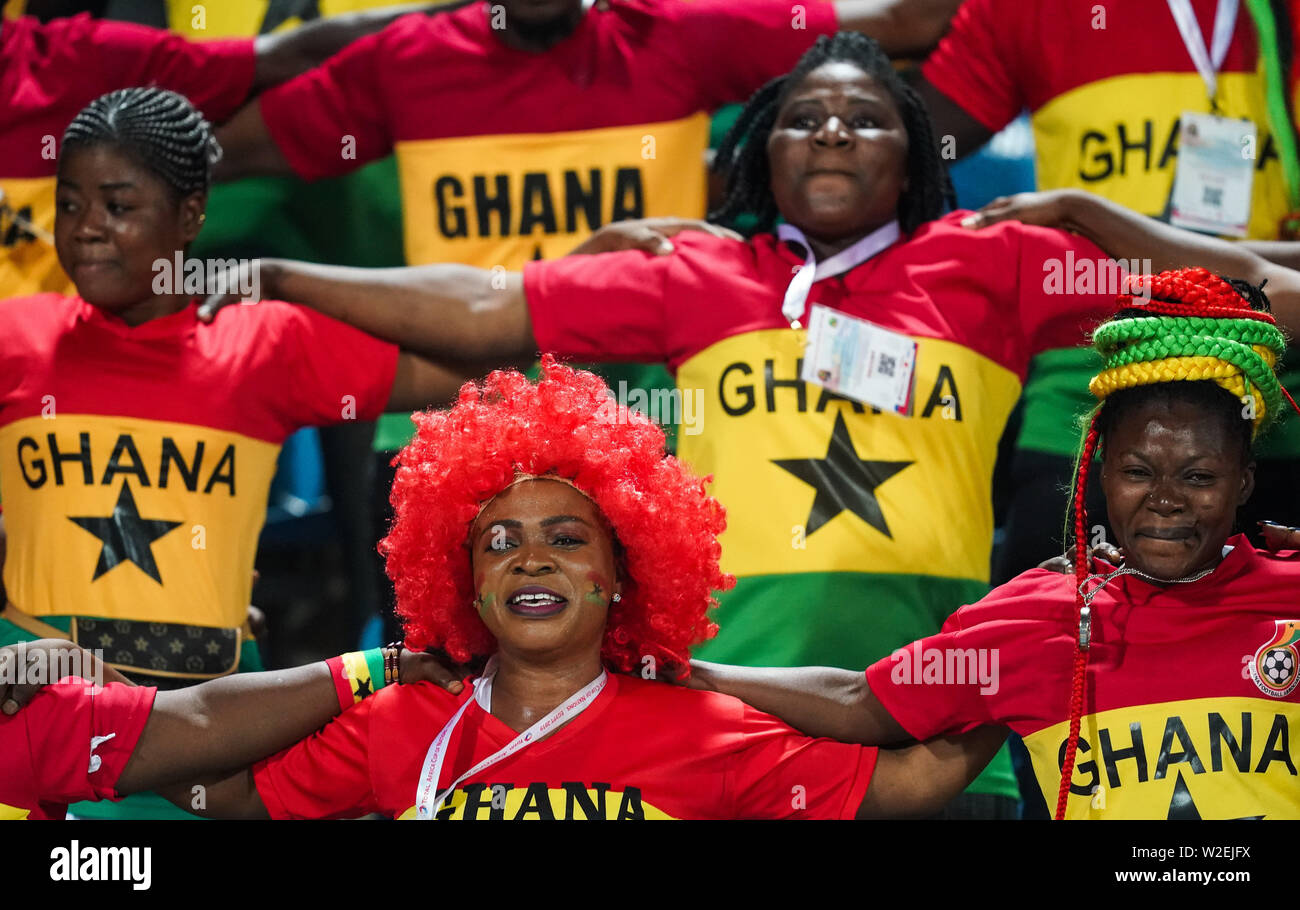 Frankreich, 8. Juli 2019: Ghana Fans vor dem 2019 Afrika Cup der Nationen Übereinstimmung zwischen Ghana und Tunesien Ismailia Stadion in Ismailia, Ägypten. Ulrik Pedersen/CSM. Stockfoto