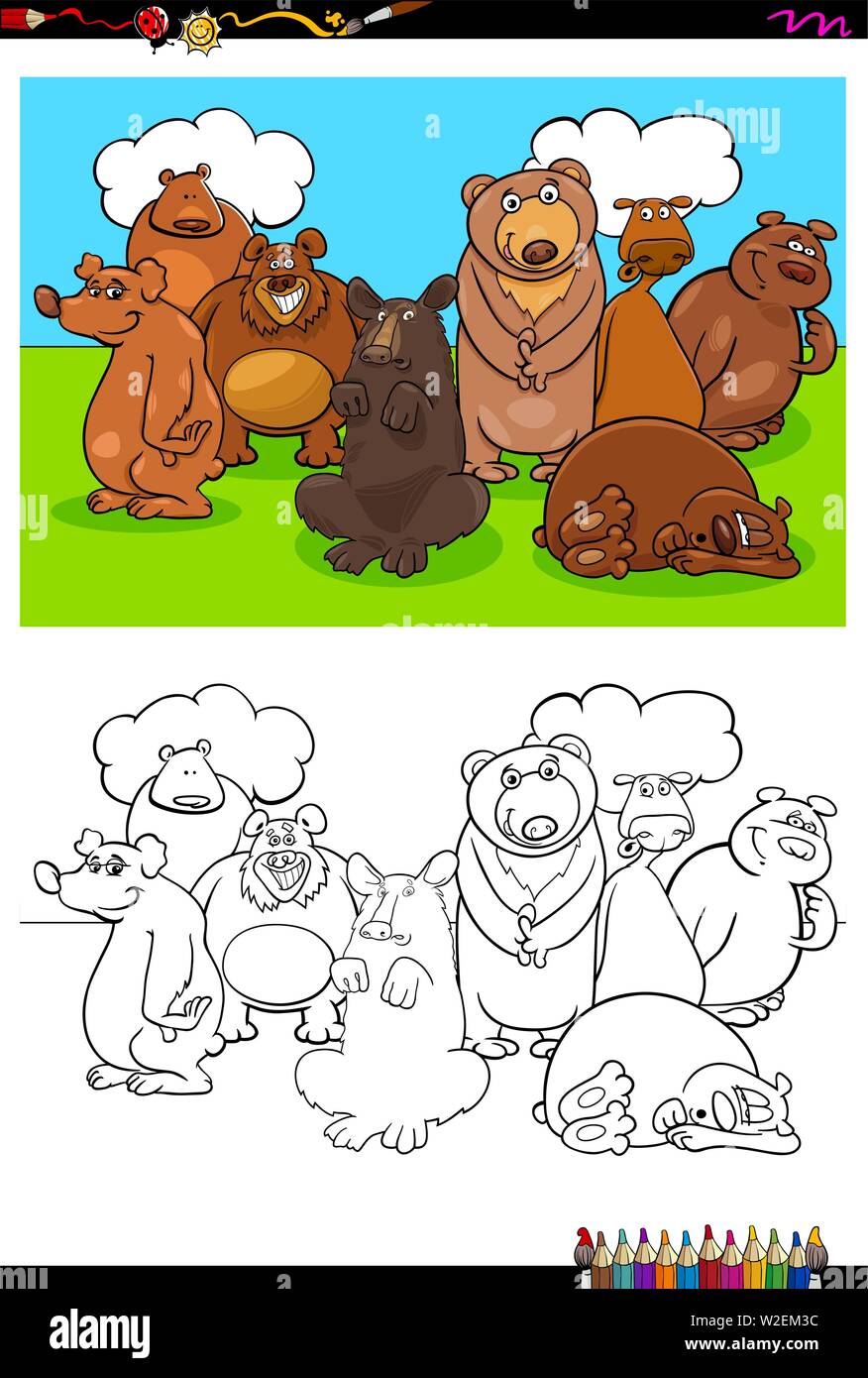 Cartoon Illustration der lustige Bären Tier Zeichen Malbuch Aktivität Stock Vektor