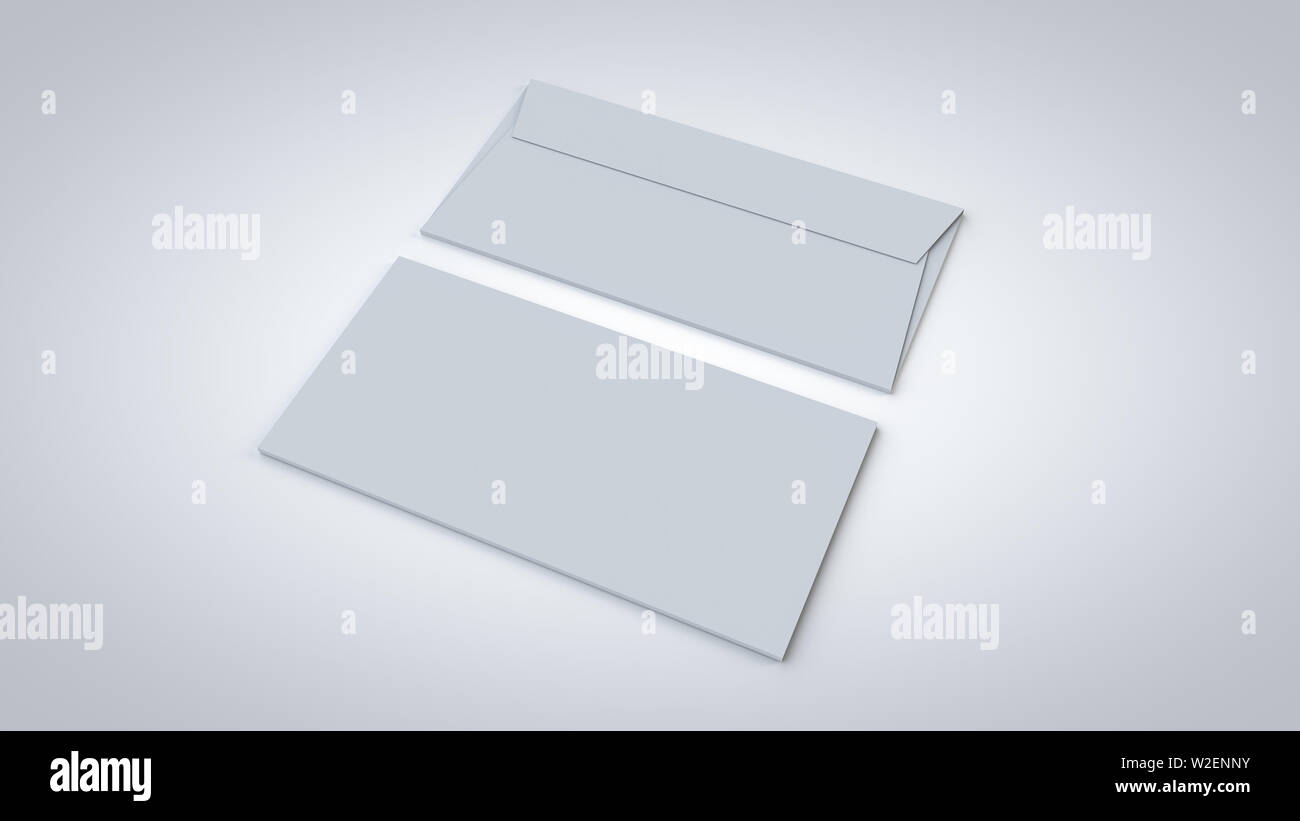 DL Umschlag für die Weiterleitung von E-Mail-Nachrichten Mockup, realistische 3D-Grafik für Corporate Branding Präsentation auf weißem Hintergrund. Stockfoto