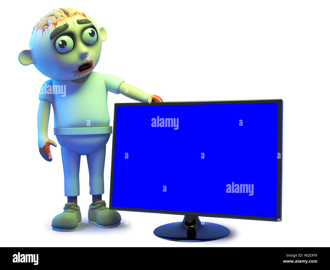 Lustige zombie Monster mag das Aussehen seines neuen Flatscreen HD TV-Monitor, 3D-Grafik rendern Stockfoto