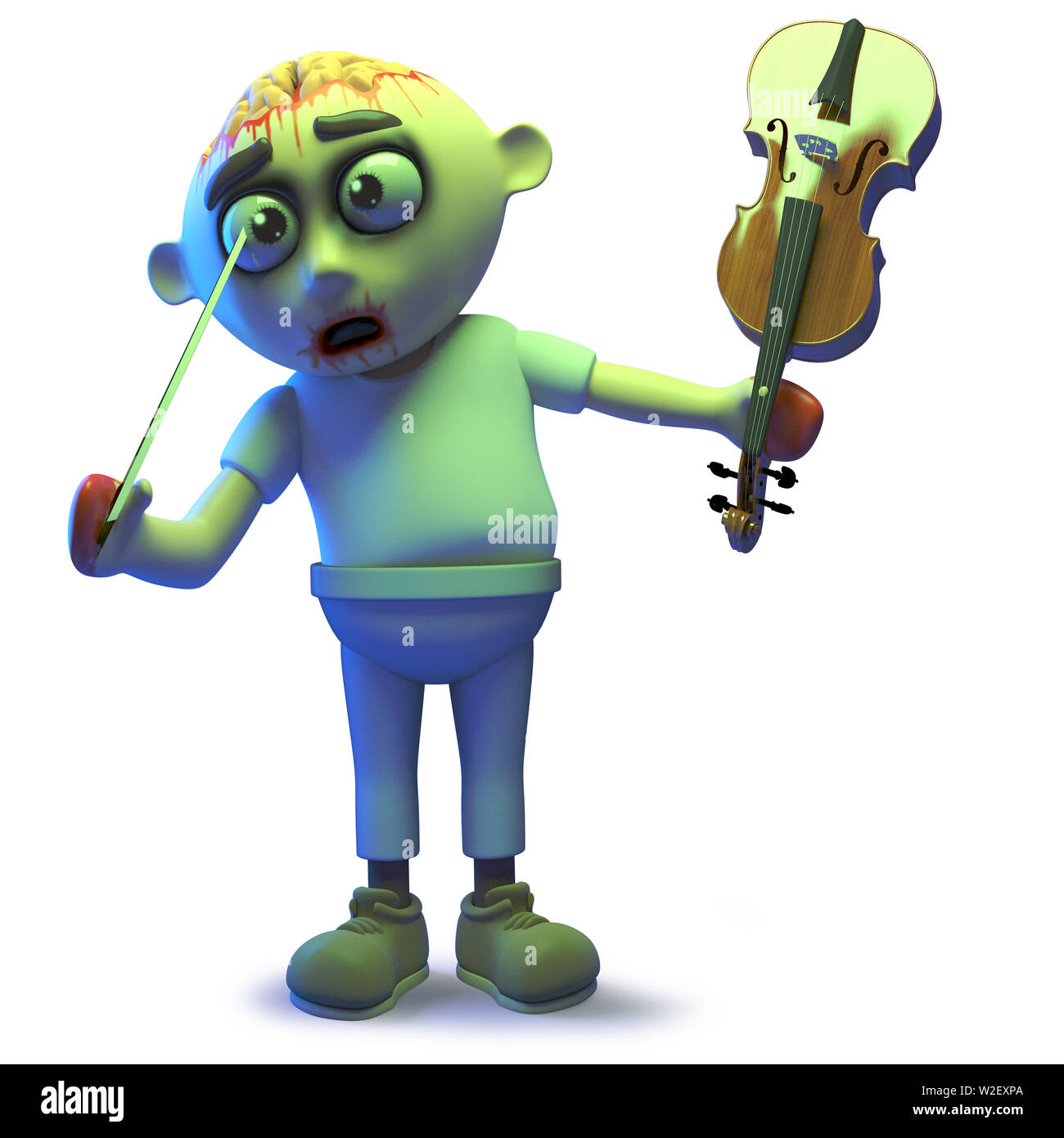 Das gerenderte Bild eines dummen Zombie monster Pokes sein Auge mit einer geige Bogen, 3D-Darstellung Stockfoto