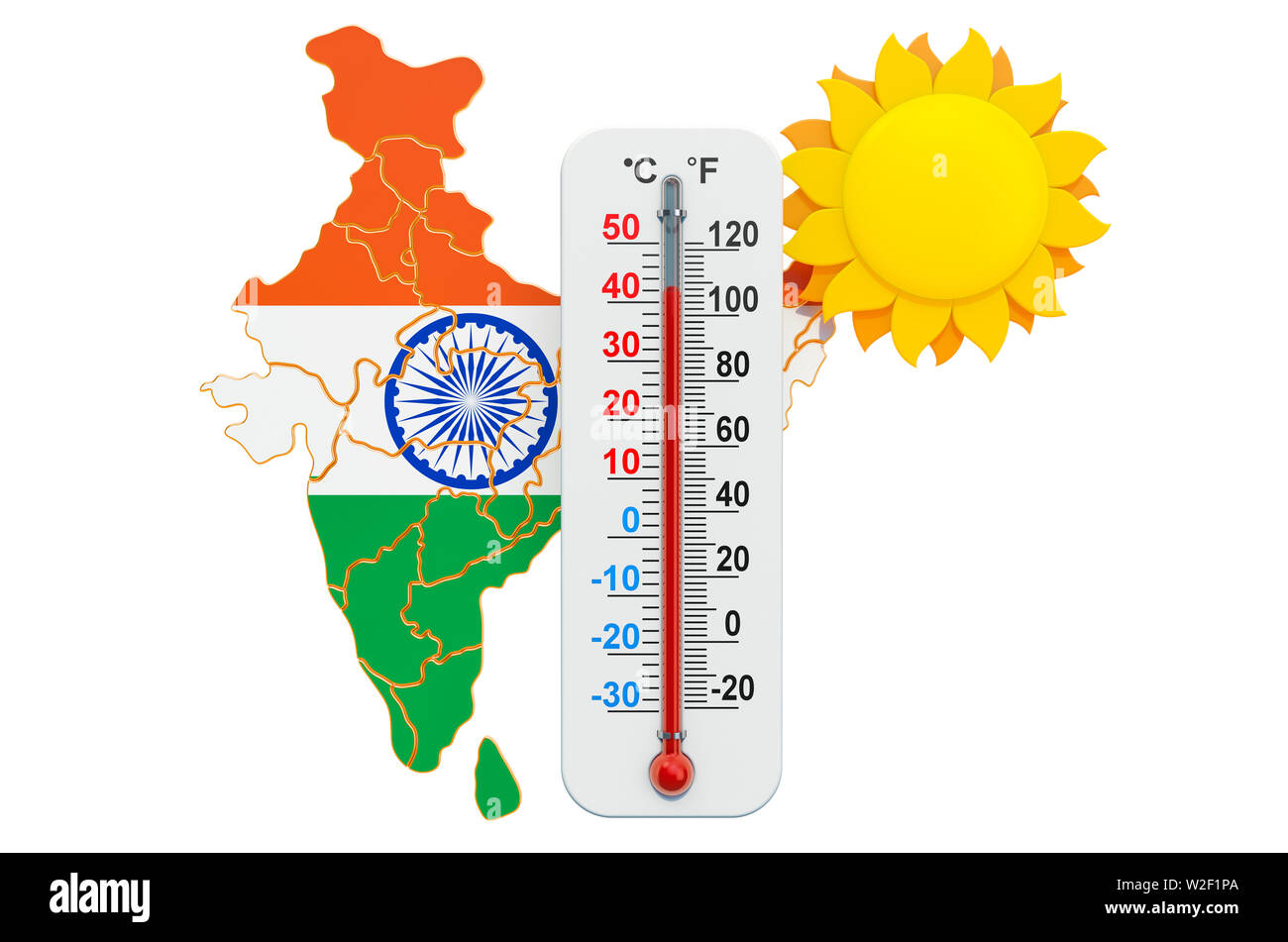 Hitze in Indien Konzept. 3D-Rendering auf weißem Hintergrund Stockfoto