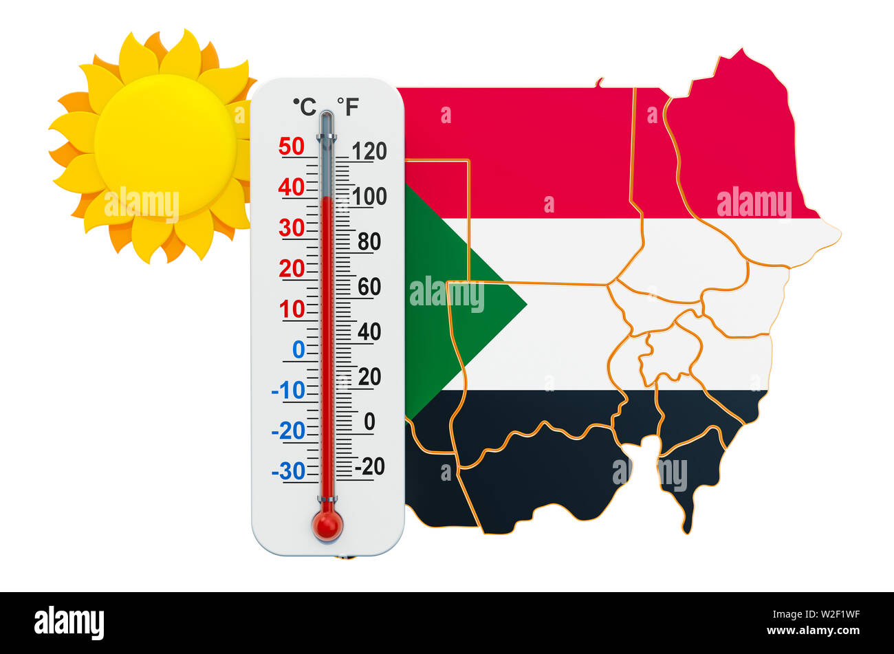 Hitze im Sudan Konzept. 3D-Rendering auf weißem Hintergrund Stockfoto