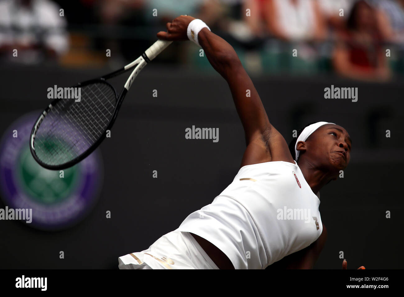 Wimbledon, 8. Juli 2019 - Cori Gauff während ihres Gleichen gegen Simona Halep heute in Wimbledon. Halep gewann ins Recht setzt. Stockfoto