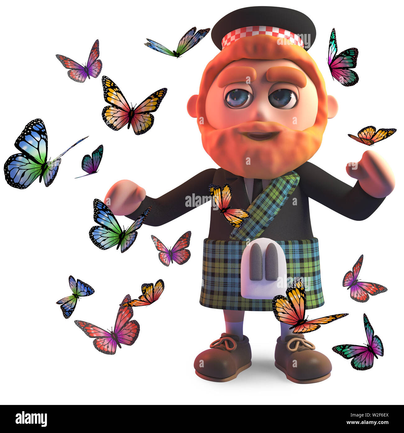 Schmetterlinge umgeben ein Schotte im Kilt, 3d-Grafik rendern Stockfoto