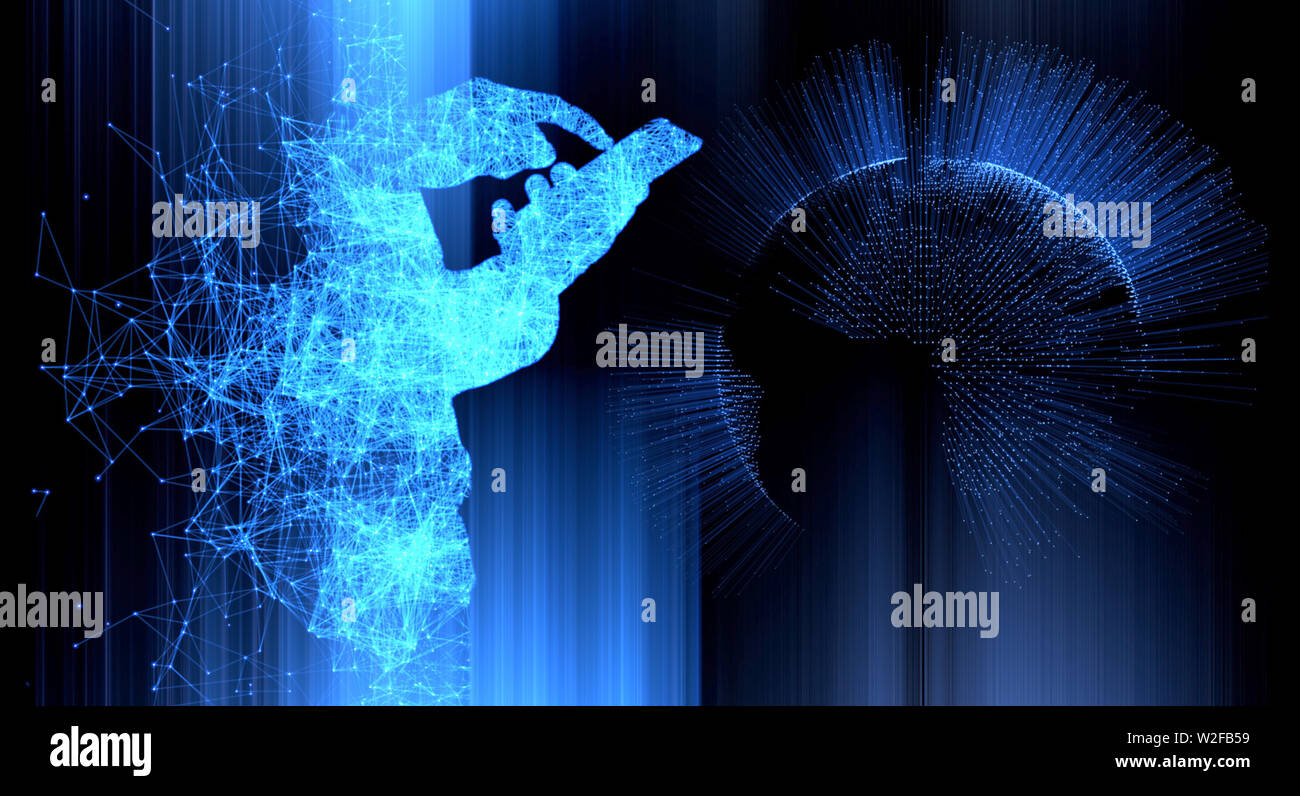 Plexus Stil digitale Welt Konzept als Mann mit Smartphones in der digitalen Stil Stockfoto
