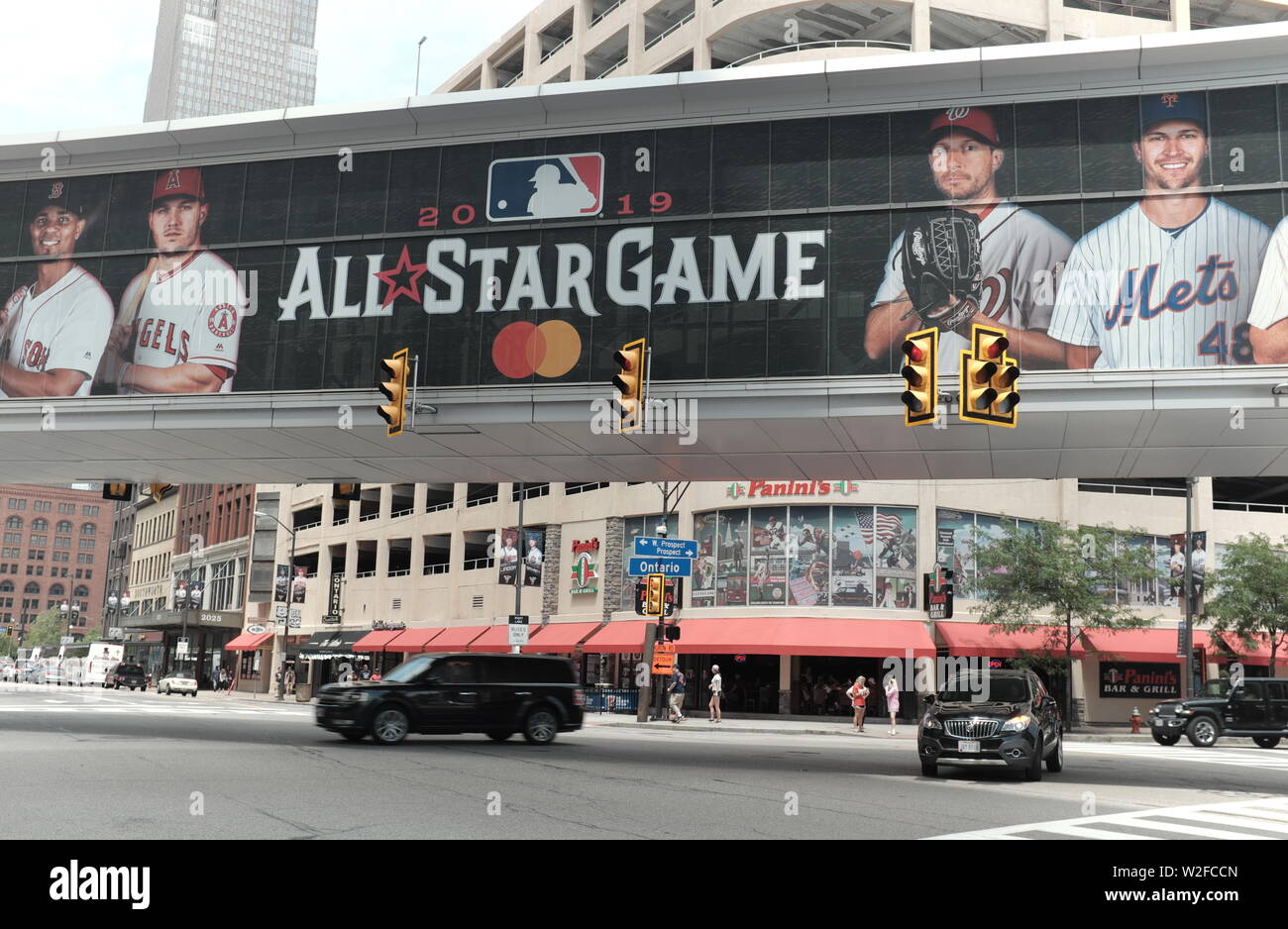 Cleveland, Ohio, USA spielt den Host, der an den 2019 MLB All-Star Game mit Großveranstaltungen in der Stadt, die bis zum 9. Juli 2019 Spiel. Stockfoto