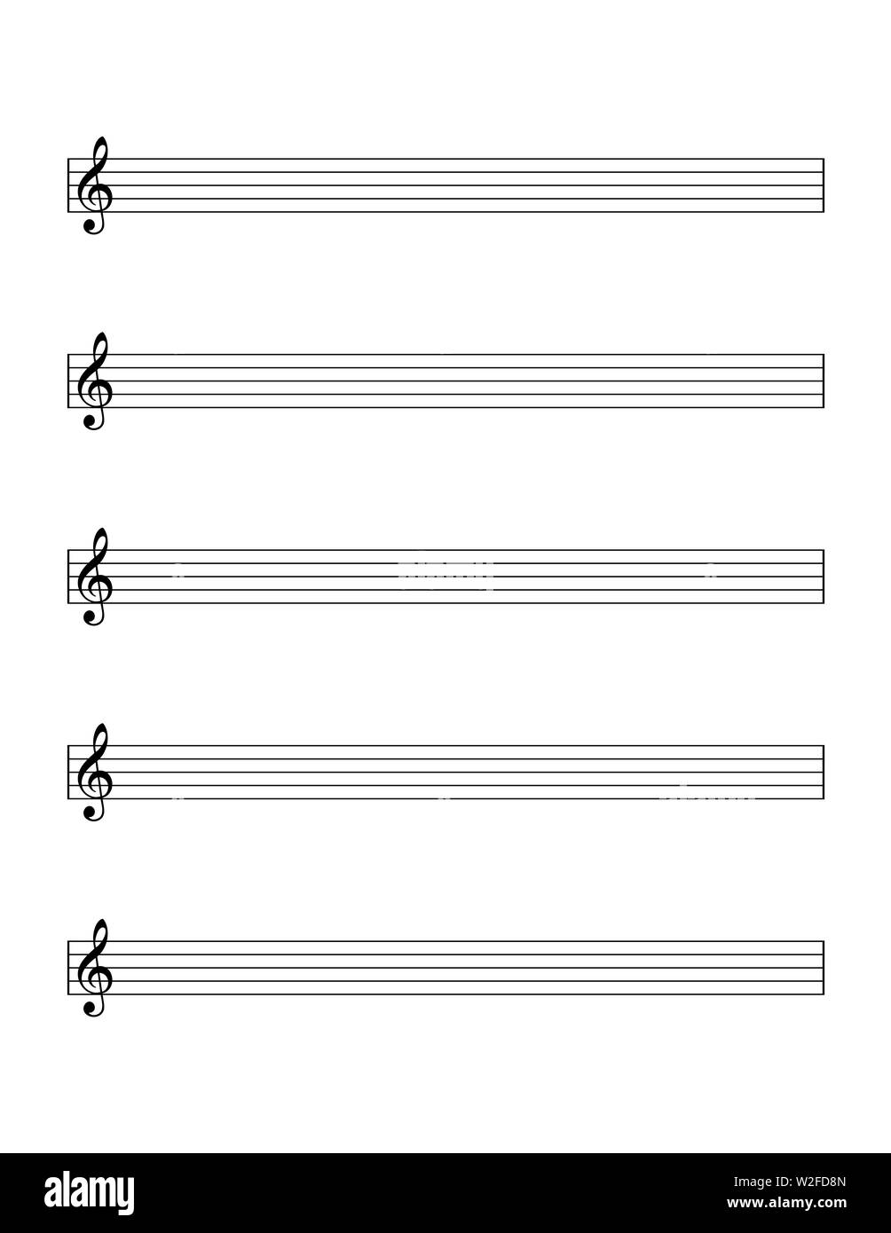 Leeres Blatt Notizen Vorlage für Anfänger. 5-line Personal mit Violinschlüssel für das Erlernen der westlichen Musiknotation und für die Ausübung. Stockfoto