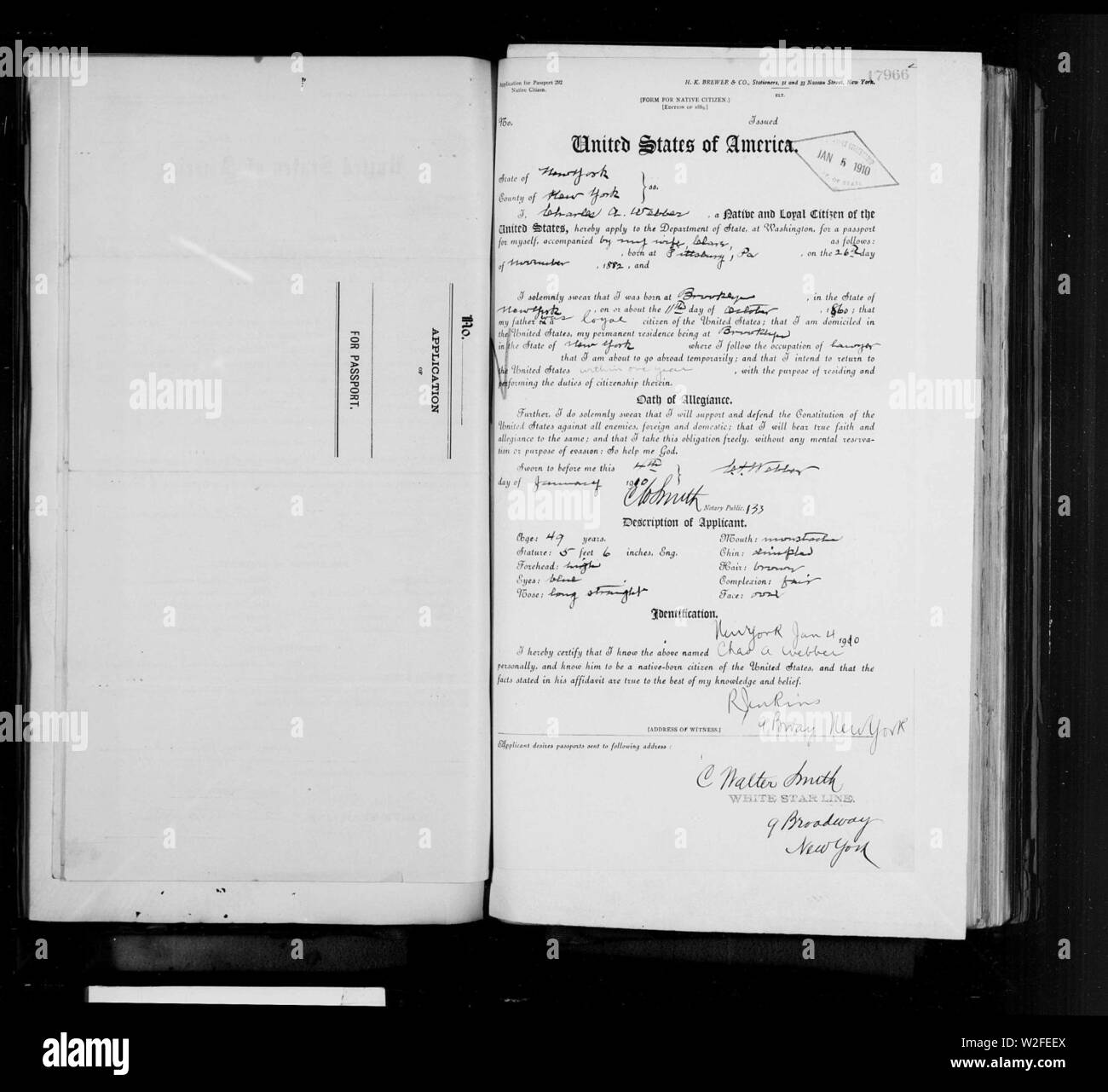 Charles Albert Webber, Sr. (1860-1937) 1910 Reisepass Anwendung. Stockfoto