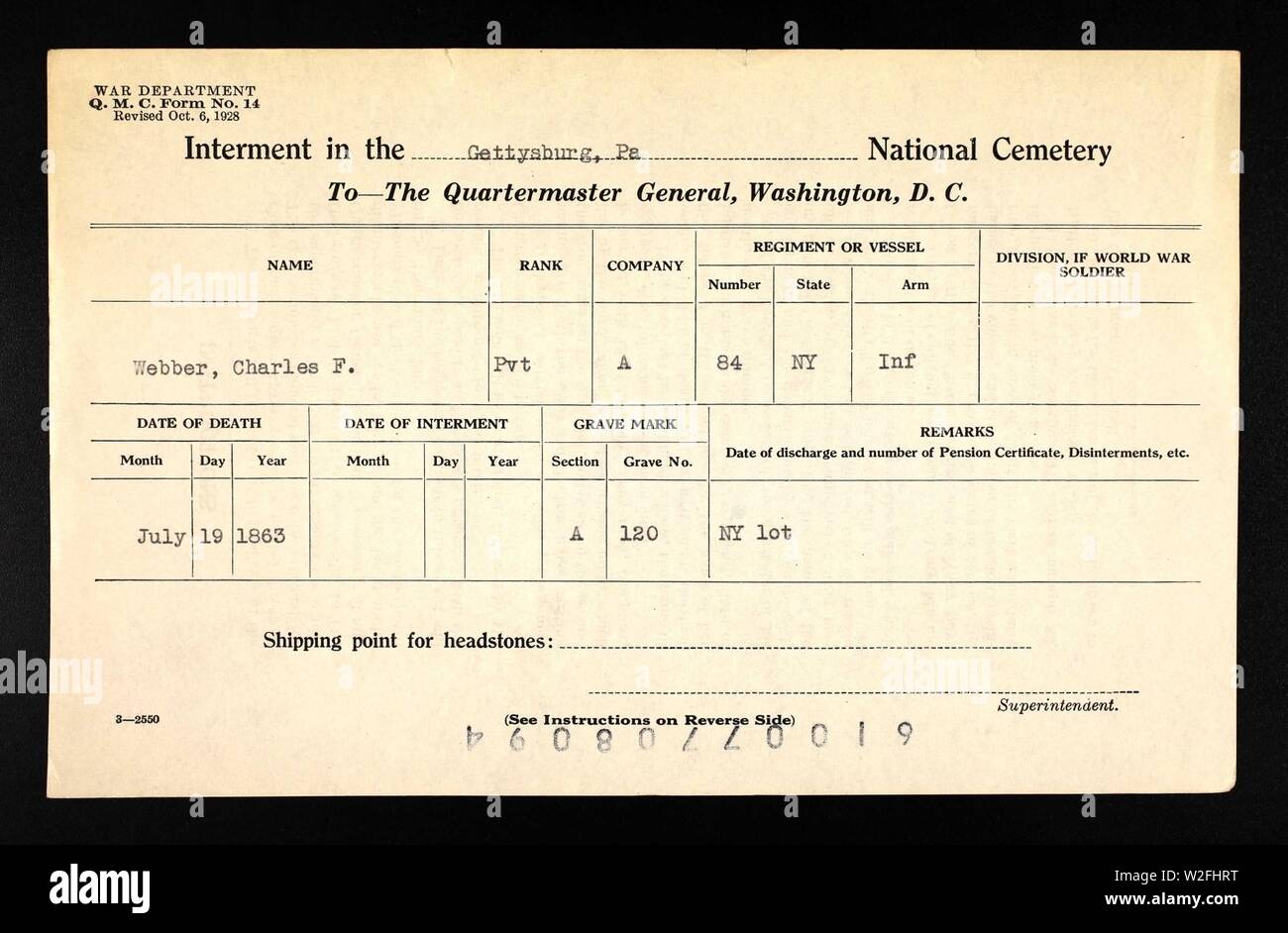 Charles Frederick Webber (1825-1863) Friedhof. Stockfoto