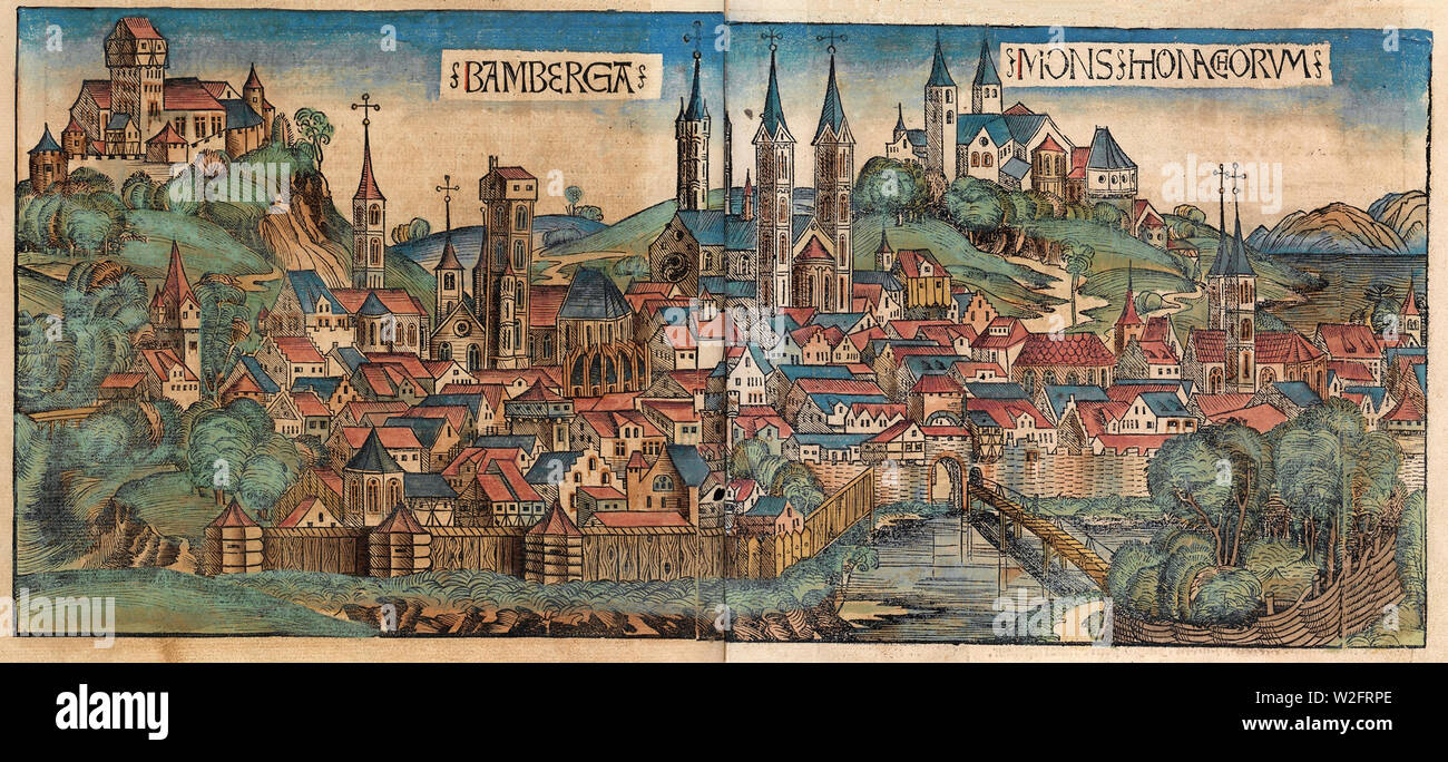 Holzschnitt von Bamberg aus dem Nürnberger Chronik - 1493 Stockfoto