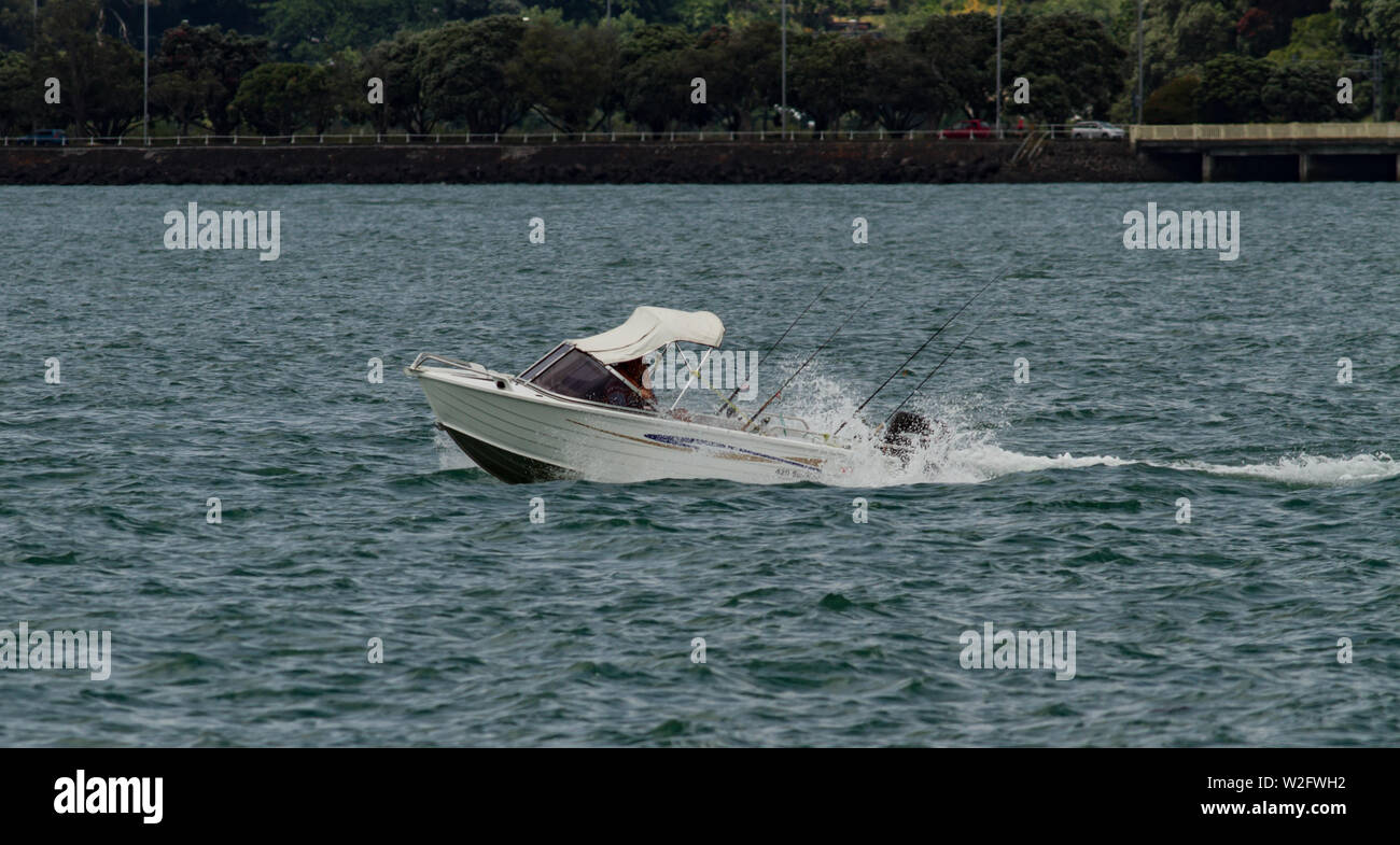 Motorboot Yachten racing durch Auckland Waterfront, Neuseeland Stockfoto