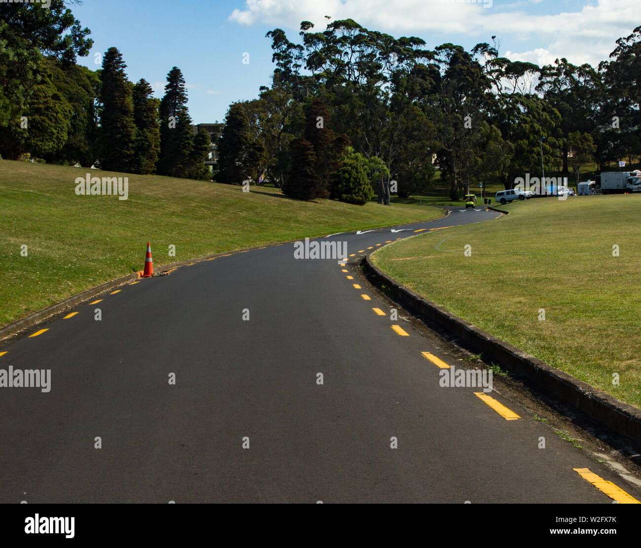 Leere geschwungene Straße an der Auckland Domain an einem klaren Sommertag Stockfoto