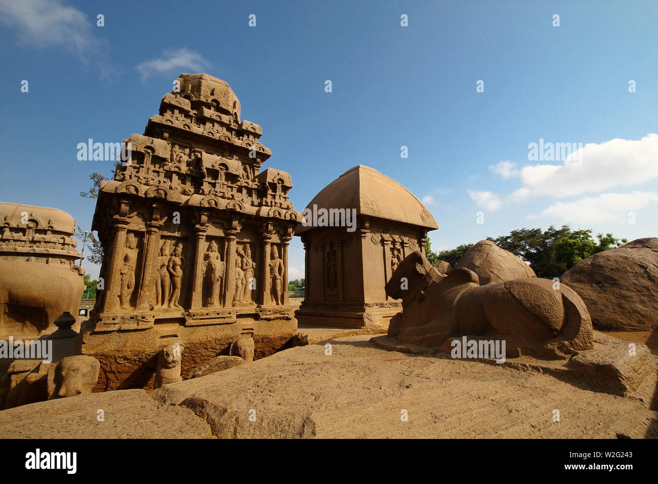 Fünf Ratha, Mamallapuram (Mahabalipuram), UNESCO-Weltkulturerbe, Tamil Nadu, Indien, Asien Stockfoto