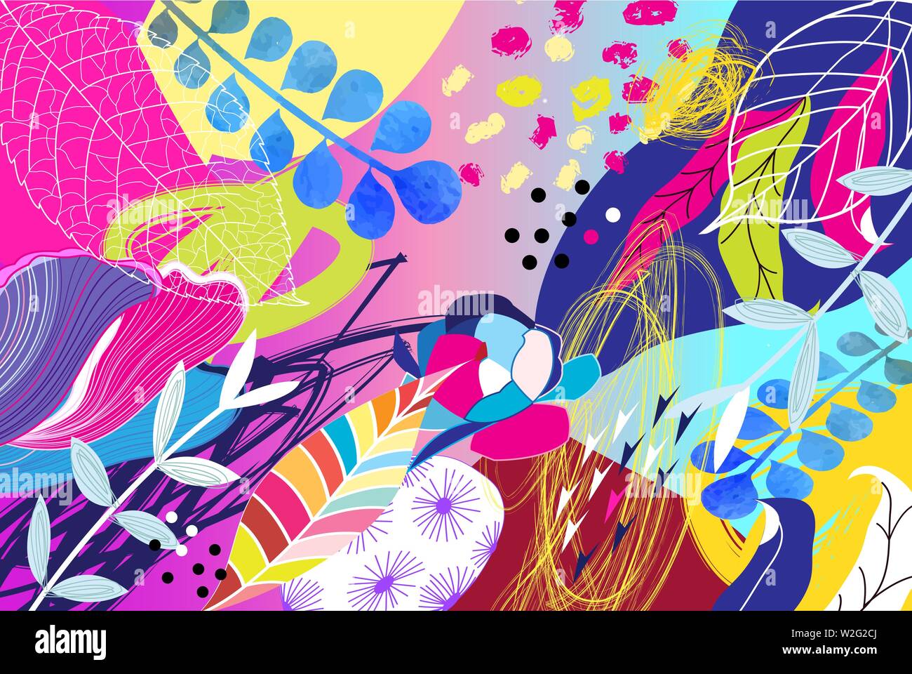 Tropischen bunten trendigen Muster von Laub und Blumen. Art Print Design Template für Webseite, Stoff, Wallpaper oder Poster. Stock Vektor