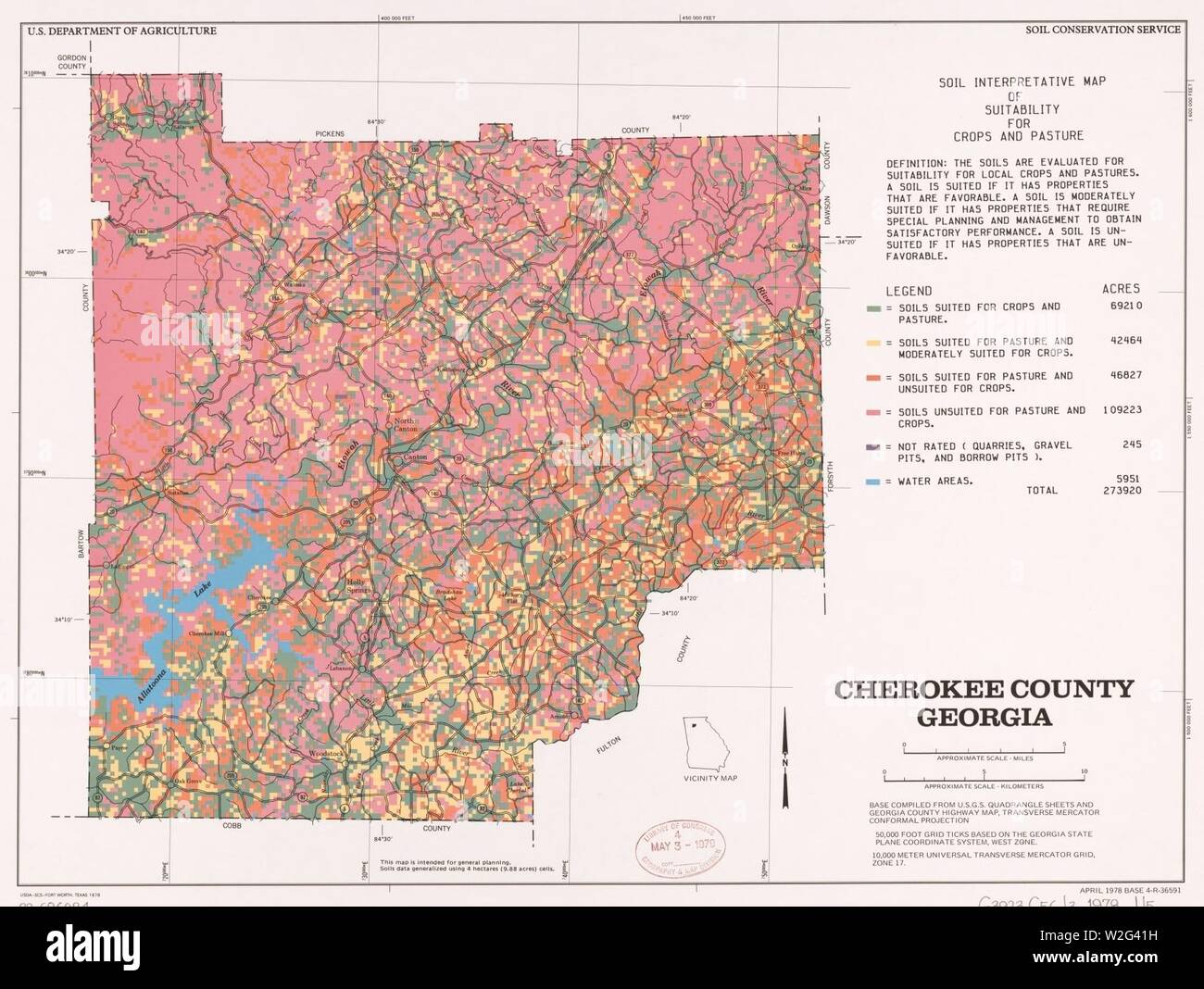 Cherokee County, Georgia - Boden interpretierende Karte von Eignung für Kulturpflanzen und Weide Stockfoto