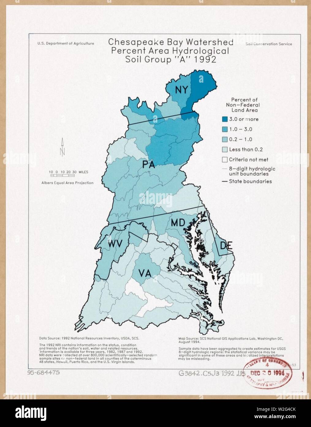 Chesapeake Bay Watershed, Prozent Bereich hydrologischen Boden Gruppe 'A' 1992 Stockfoto