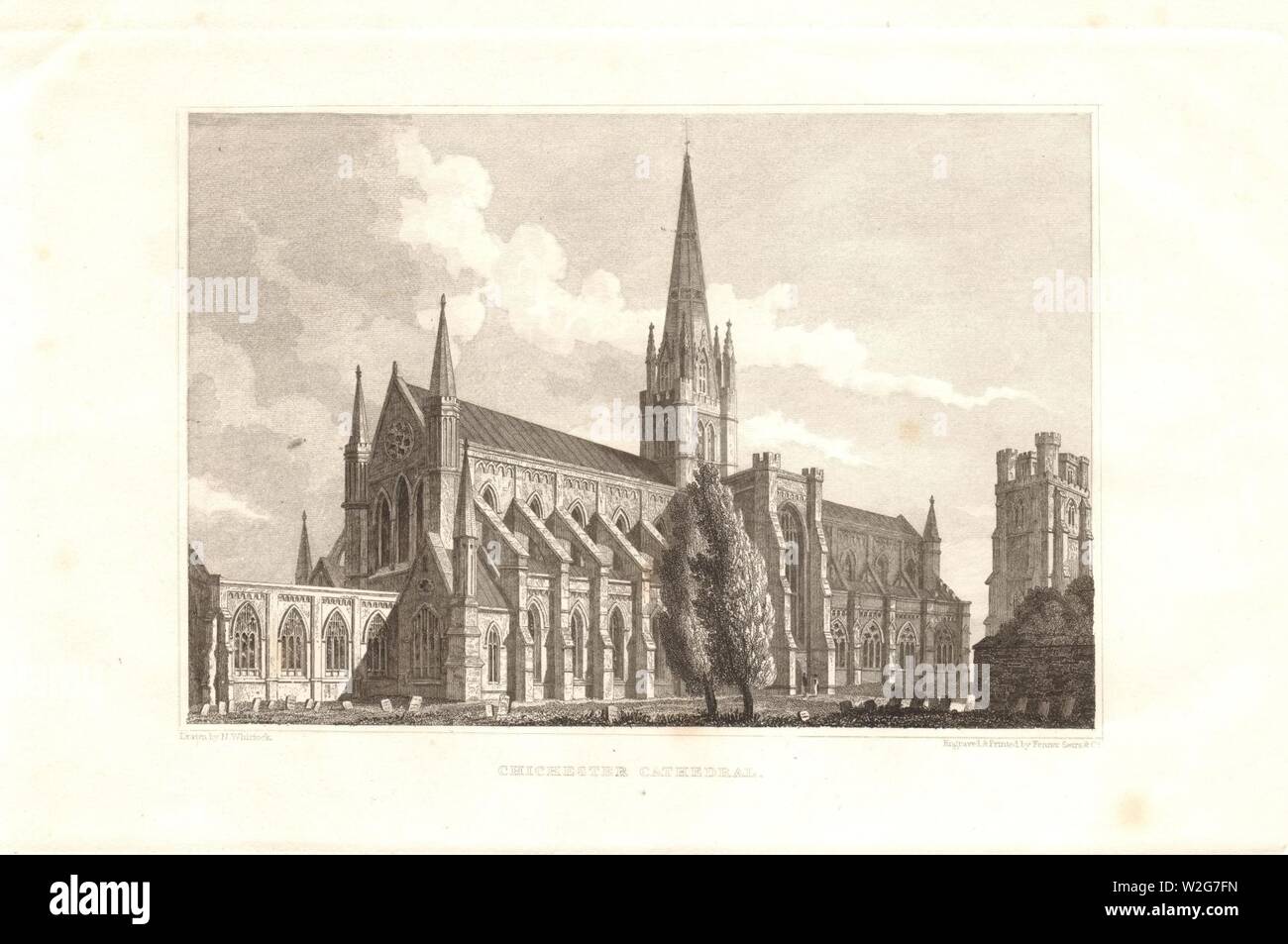 Chichester Cathedral Kupferstich von N Whittock, veröffentlicht 1829. Stockfoto