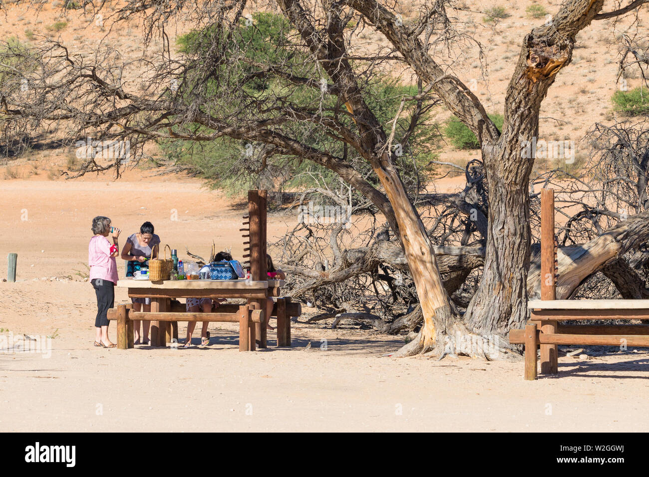 Kgalagadi Transfrontier Park Picknickplatz mit einer Familie an einem Holztisch Vorbereitung einer Mahlzeit unter einem Baum in der Wüste Umgebung während einer Urlaubsreise Stockfoto