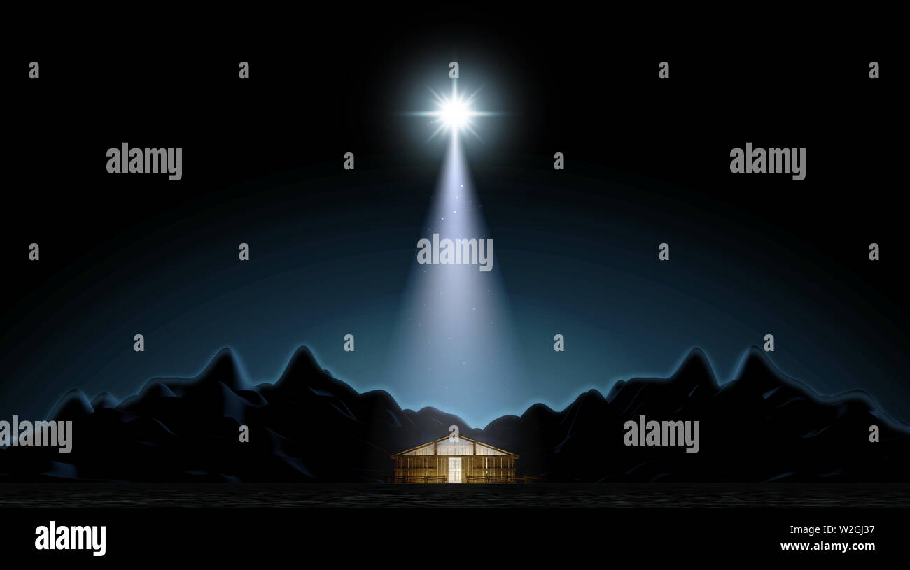 Eine Darstellung der Krippe Christi Geburt in Bethlehem mit dem isolierten Stall durch einen hellen Stern - 3D-Render lit Stockfoto