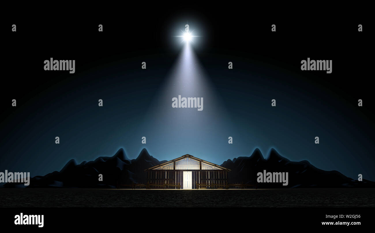 Eine Darstellung der Krippe Christi Geburt in Bethlehem mit dem isolierten Stall durch einen hellen Stern - 3D-Render lit Stockfoto