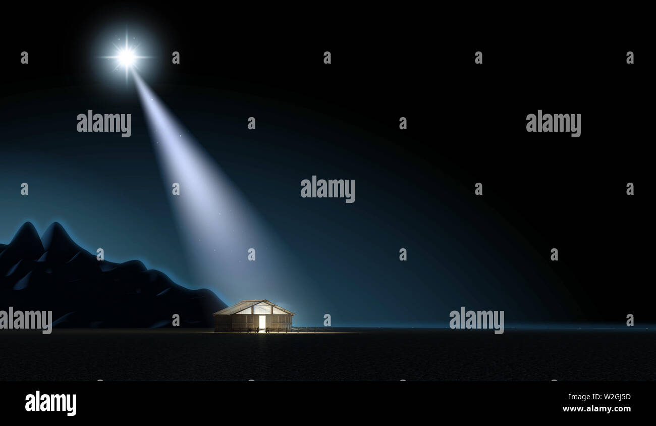 Eine Darstellung der Krippe Christi Geburt in Bethlehem mit dem isolierten Stall durch einen hellen Stern - 3D-Render lit Stockfoto