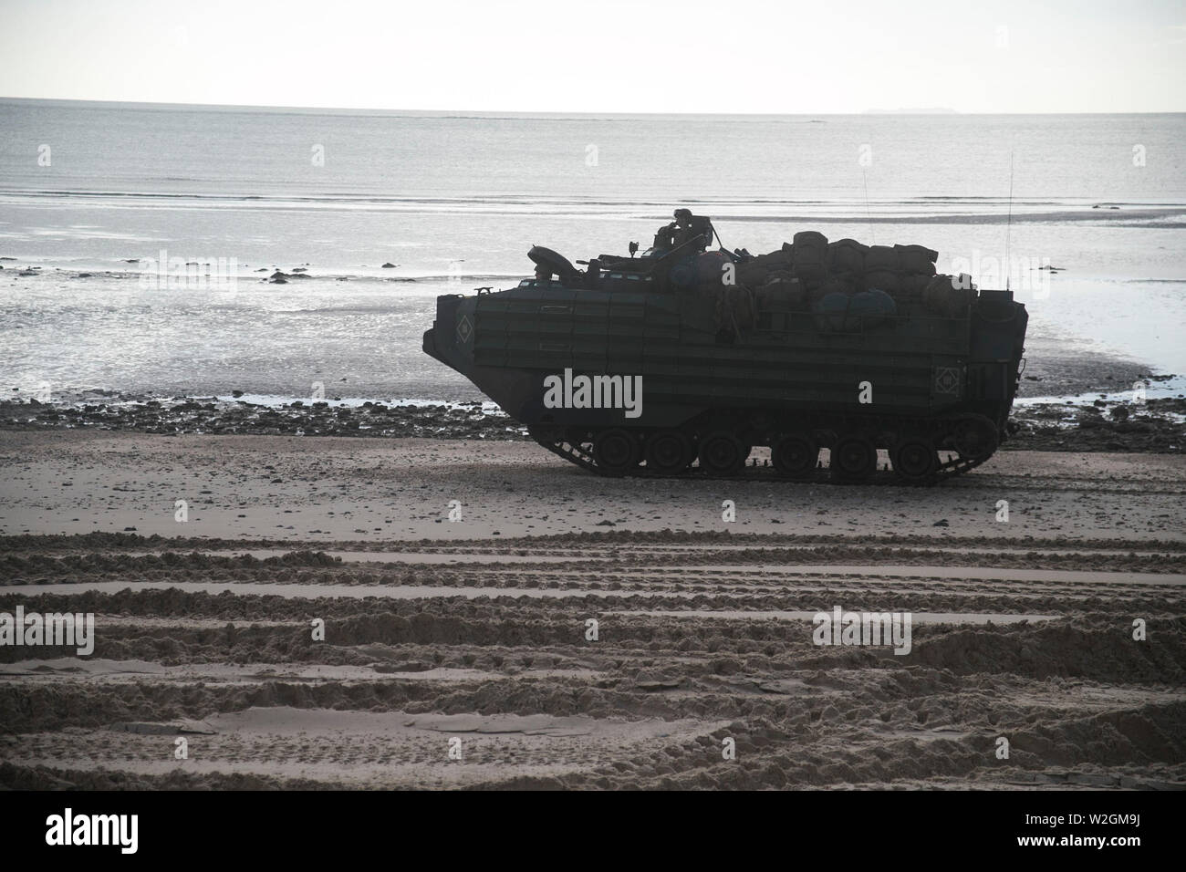 Ein Angriff Amphibienfahrzeug mit Bataillon Landung Team, 2.BATAILLON, 1 Marines, 31 Marine Expeditionary Unit, Patrouillen der Küste nach einem simulierten Überfall auf Townshend Island, Queensland, Australien, 1. Juli 2019. Die 31. MEU, das Marine Corps' nur kontinuierlich vorwärts - bereitgestellt MEU, bietet eine flexible und tödlicher Gewalt bereit, eine breite Palette von militärischen Operationen als Premier Crisis Response Force im indopazifischen Region durchzuführen. (U.S. Marine Corps Foto von Lance Cpl. Kyle S. Bunyi) Stockfoto