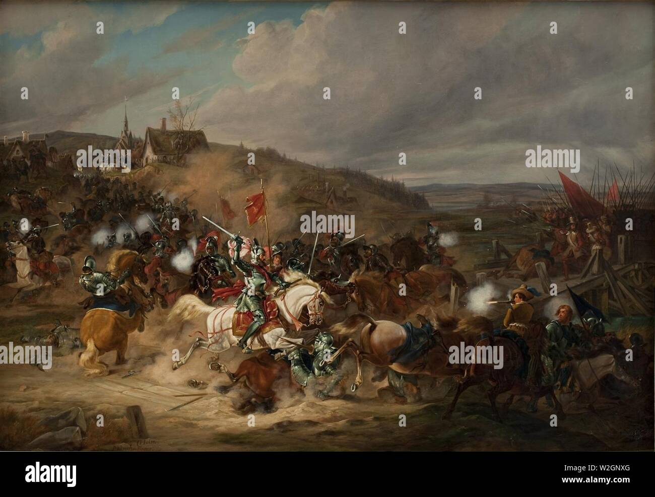 Christian Holm - Daniel Rantzau bemaegtiger sig Tureby Bro i Skåne unter Syvårskrigen 1563-1570 Stockfoto