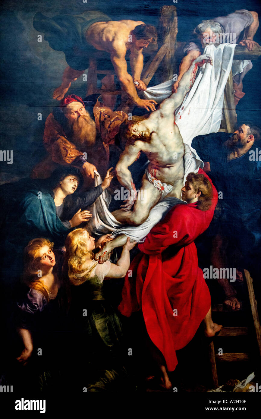 Unsere Dame Kathedrale, Antwerpen, Belgien. Die kreuzabnahme von Peter Paul Rubens, 1611-1614. Stockfoto
