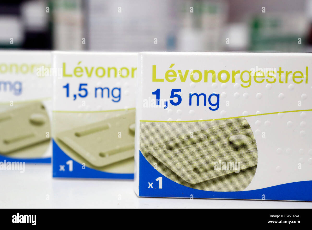 Apotheke. Levonorgestrel eine hormonelle Medikamente, die in eine Reihe von Verhütungsmethoden verwendet wird. Frankreich. Stockfoto