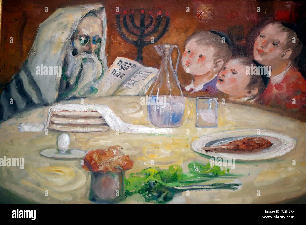 Das Jüdische Museum von Venedig. Tabelle für das Passahfest Seder. Malerei. Italien. Stockfoto