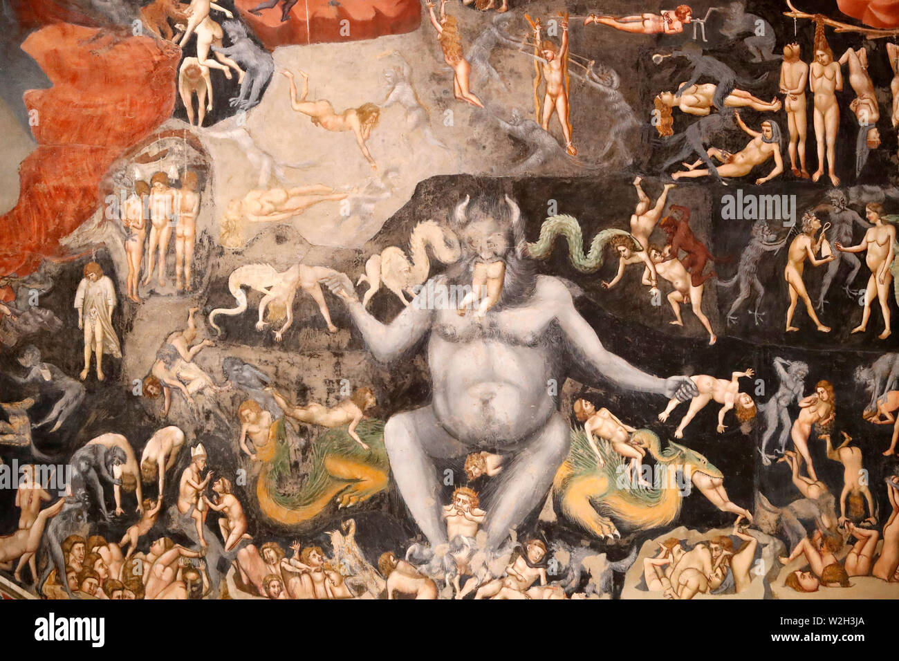 Der Scrovegni Kapelle. Fresko von Giotto, 14.Jahrhundert. Das letzte Gericht. Der Fürst der Hölle, packt die Verdammten und frisst sie. Padua. Italien. Stockfoto