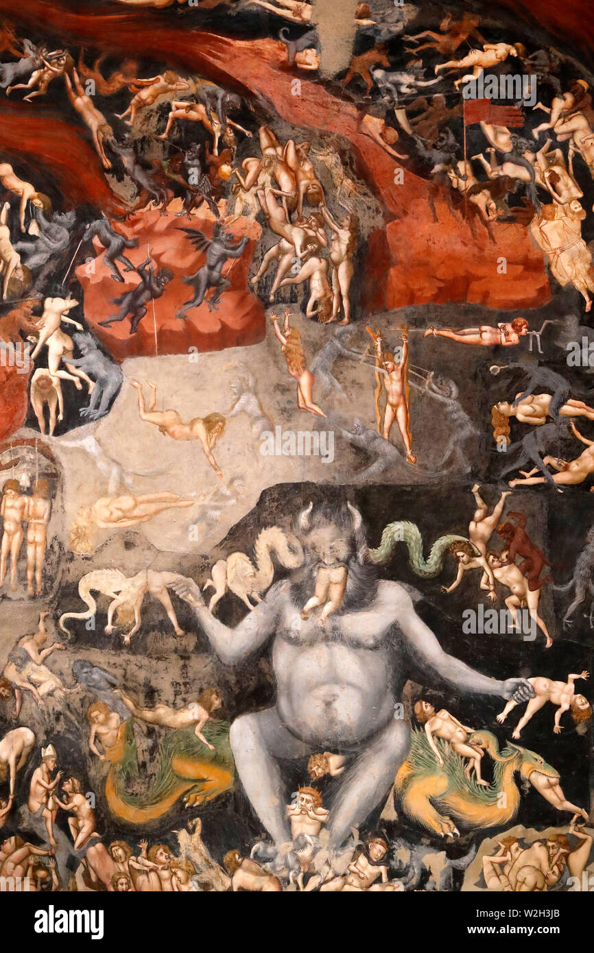Der Scrovegni Kapelle. Fresko von Giotto, 14.Jahrhundert. Das letzte Gericht. Der Fürst der Hölle, packt die Verdammten und frisst sie. Padua. Italien. Stockfoto