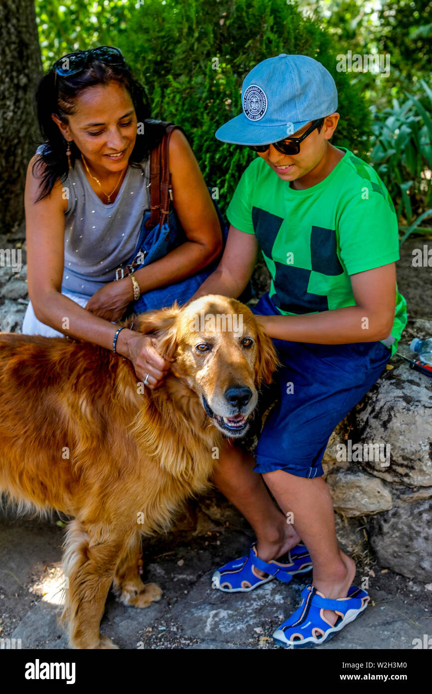 Mutter und Sohn streicheln ein Hund in Sizilien (Italien). Stockfoto