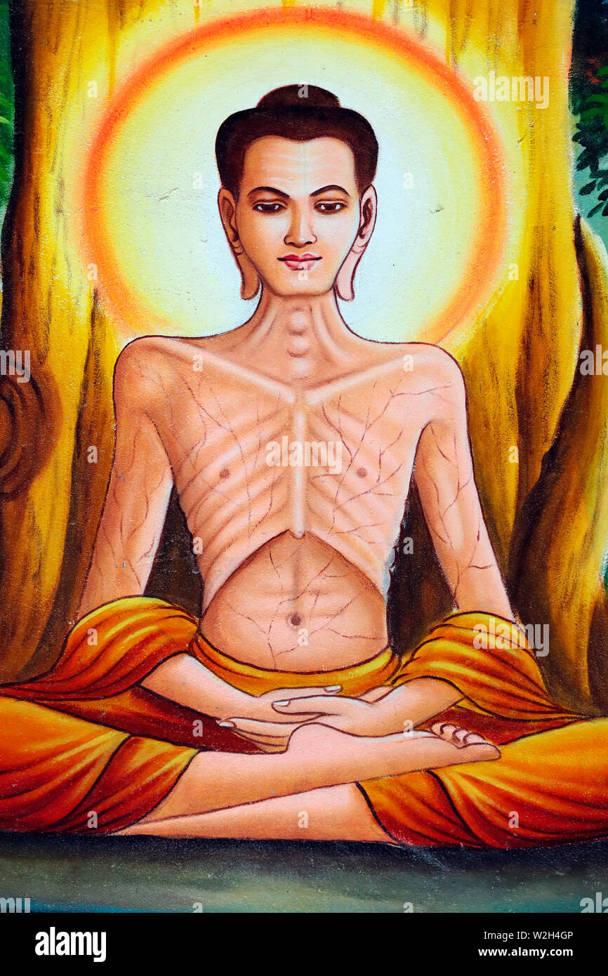 Verfolgung Aufklärung, Buddha zuerst praktizierte strenge Askese, bevor Sie ein nicht-asketischen Weg der Mitte. Kep. Kambodscha. Stockfoto