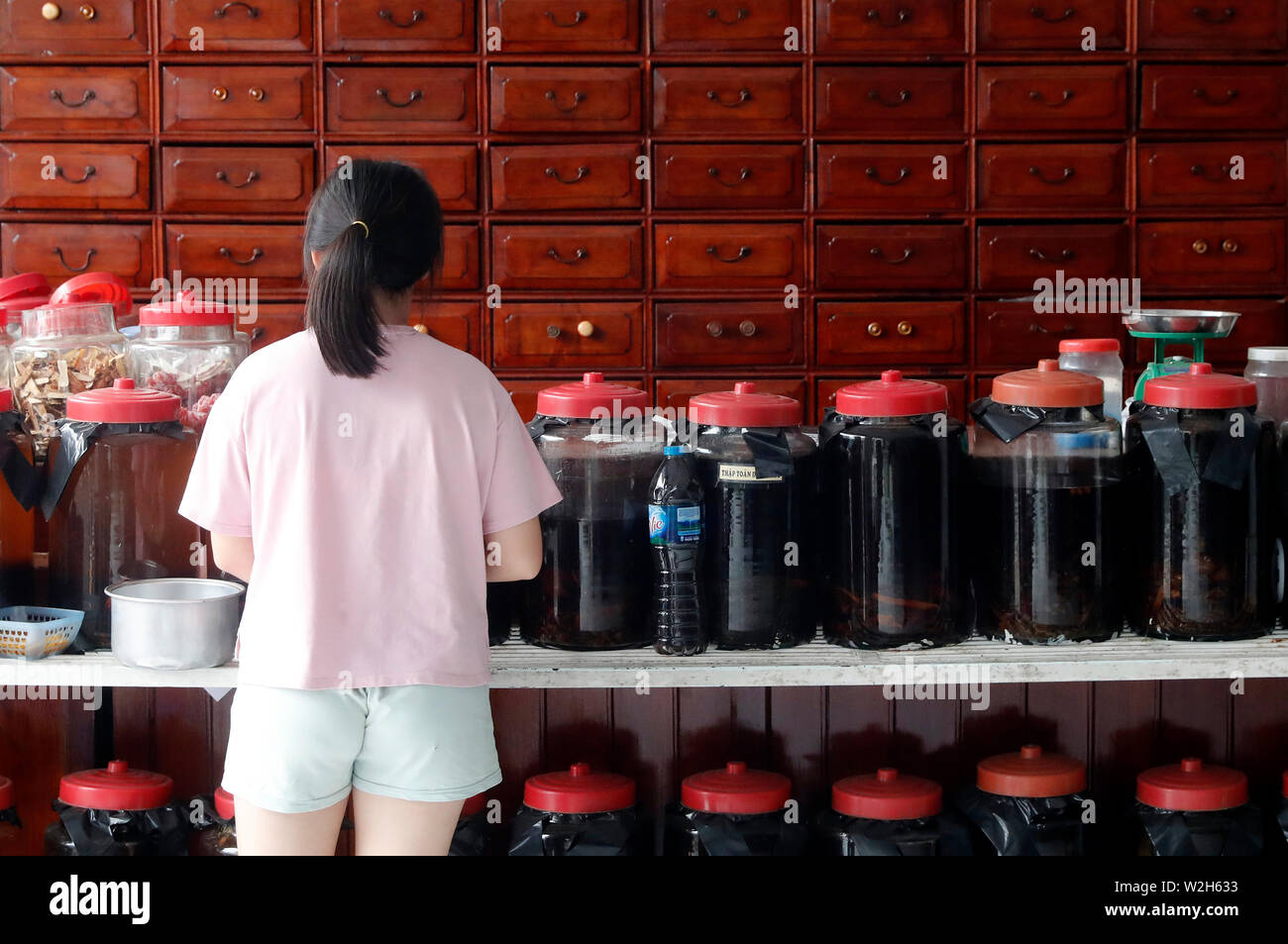 Frau in einer traditionellen chinesischen Apotheke arbeiten. Ha Tien. Vietnam. Stockfoto