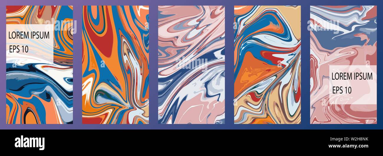 Flüssige Farben umfasst 16 x 9 gesetzt. Helle Farben Mischung. 5 Vektor Hintergründe. Stock Vektor