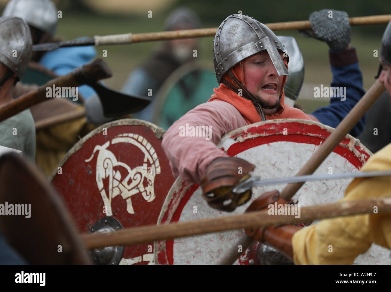 Viking Warriors, die gefürchteten Nordmänner aus Skandinavien Stockfoto