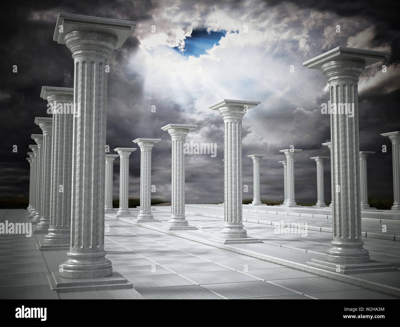 Alte Ruinen der griechischen Säulen gegen bewölkten Himmel. 3D-Darstellung. Stockfoto