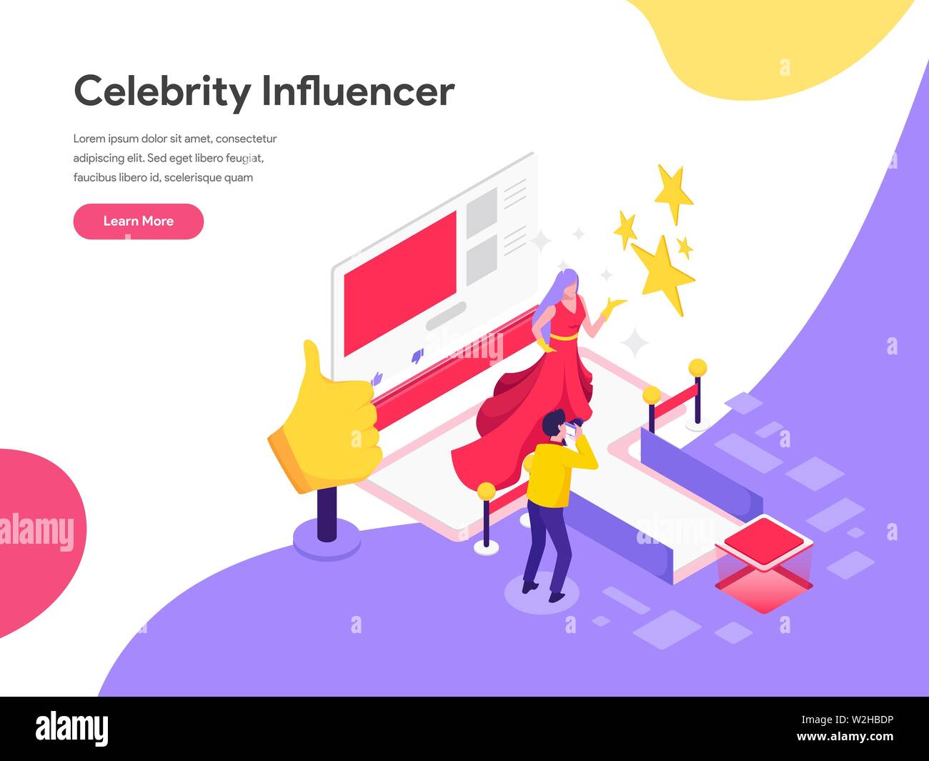 Landing Page Template von Prominenten, die Beeinflusser Abbildung Konzept. Isometrische flache Design Konzept der Webseite Design für die Website und mobile Website. Ve Stock Vektor