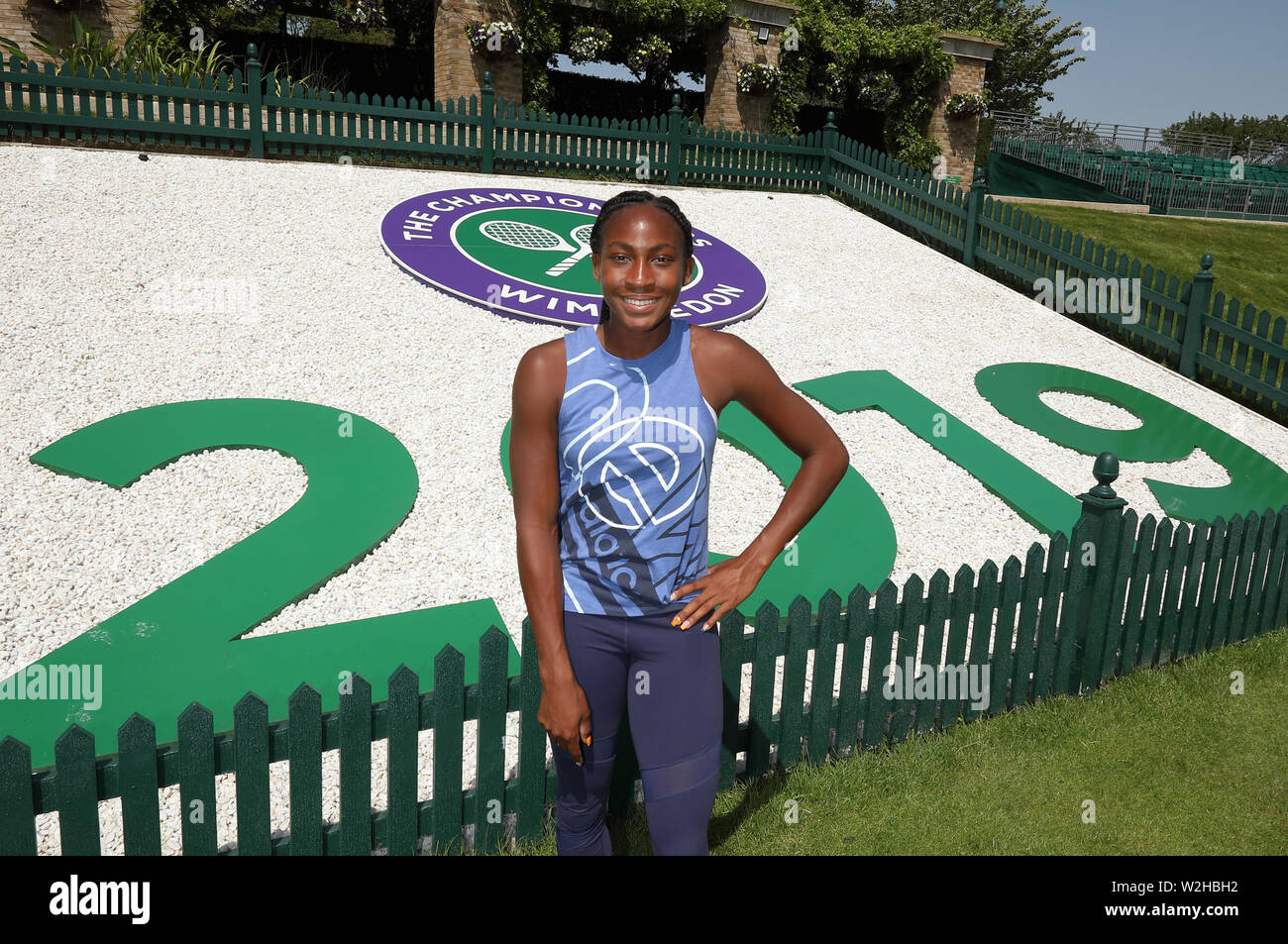 Cori "Coco" gauff (USA), die jüngste Frau, die jemals für den Hauptbewerb in Wimbledon qualifizieren wird dargestellt, vor dem Start der 2019 Meisterschaften an der Wimbledon Championships Tennis, Wimbledon, London Am 29. Juni, 2019 Stockfoto