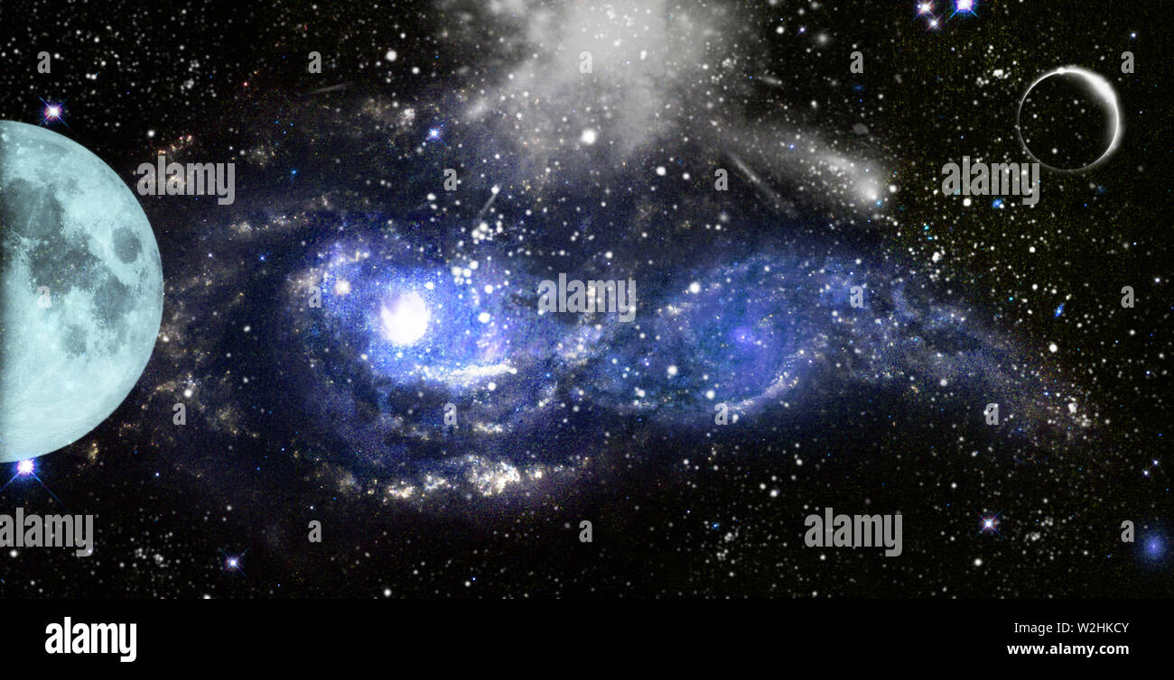 Planeten und seiner Satelliten aus dem Weltraum. Platz Nebel. Kosmische Cluster von Sternen. Weltraum Hintergrund. Panoramic Image Stockfoto