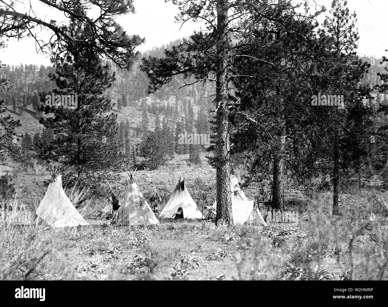 Edward S. Curtis Native American Indians - Fünf tipis und ein Zelt in Spokan Indian Camp Ca. 1910 Stockfoto