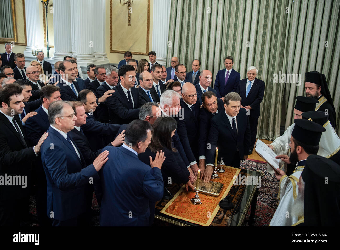 Athen, Griechenland. 09 Juli, 2019. Die neue griechische Schaltschrank ist von Erzbischof Ieronymos von Athen im Präsidentenpalast vereidigt. Credit: Angelos Tzortzinis/dpa/Alamy leben Nachrichten Stockfoto
