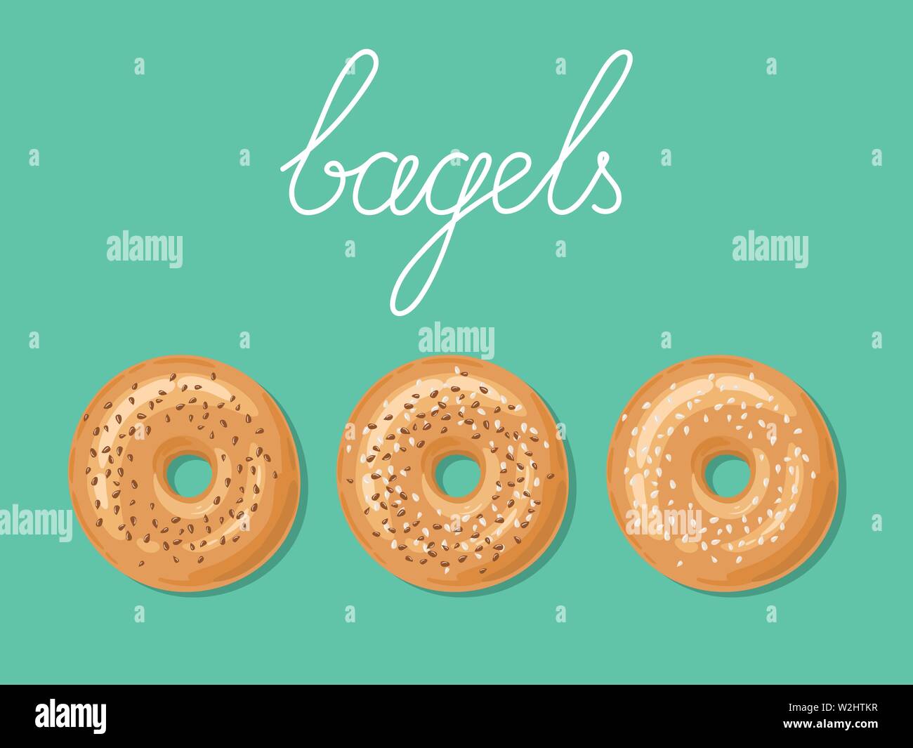 Satz von 3 frische Bagels mit weißen und braunen Sesam auf die Oberseite. Blick von oben auf die Bagels über Hintergrund isoliert. Leckeres Frühstück. Nehmen Sie fast food. Stock Vektor