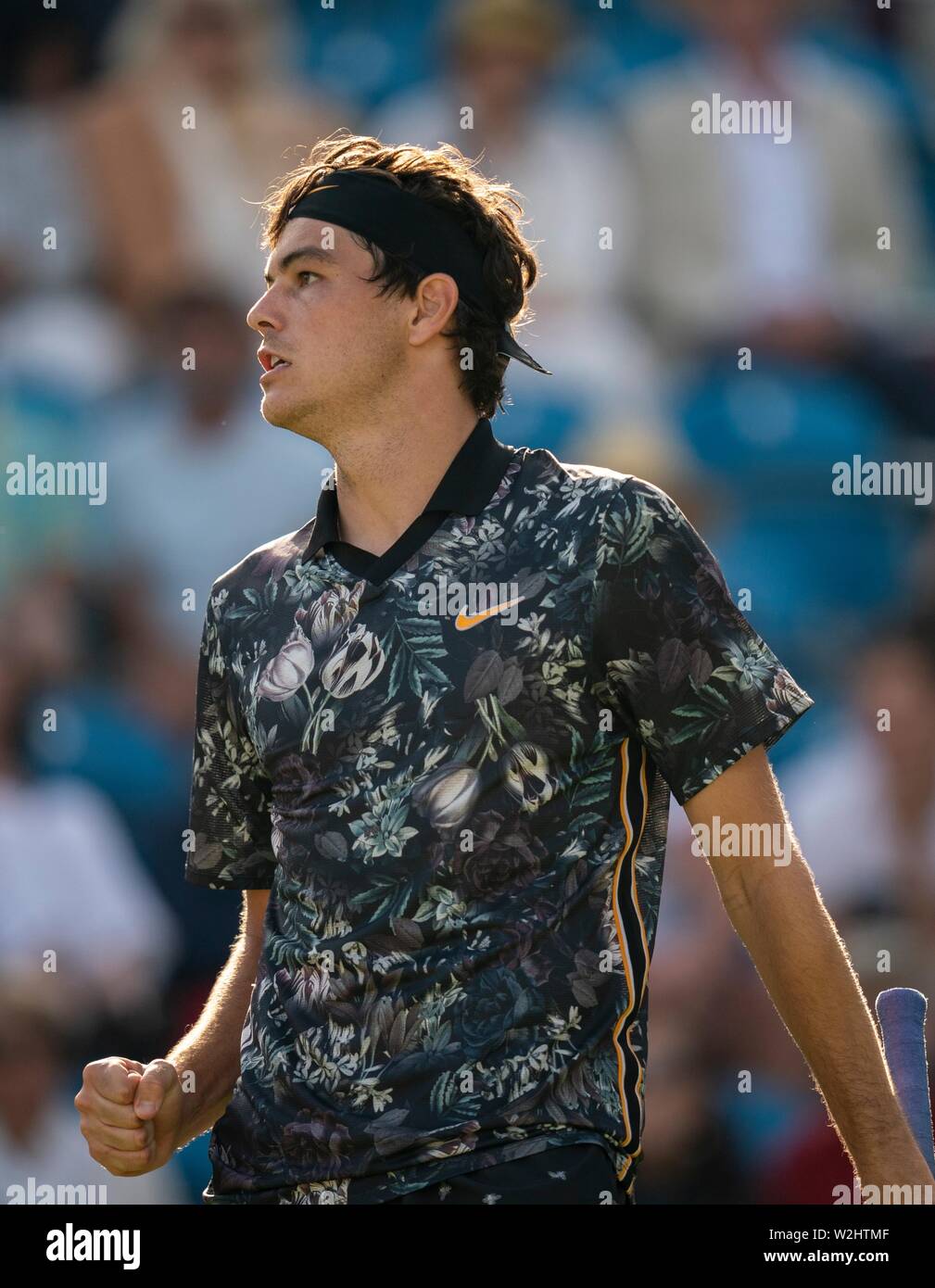 Taylor Fritz der USA in Aktion gegen Kyle Edmund von GBR auf die Natur Tal Internationale 2019, Devonshire Park, Eastbourne - England. Freitag, 28, Juni, Stockfoto