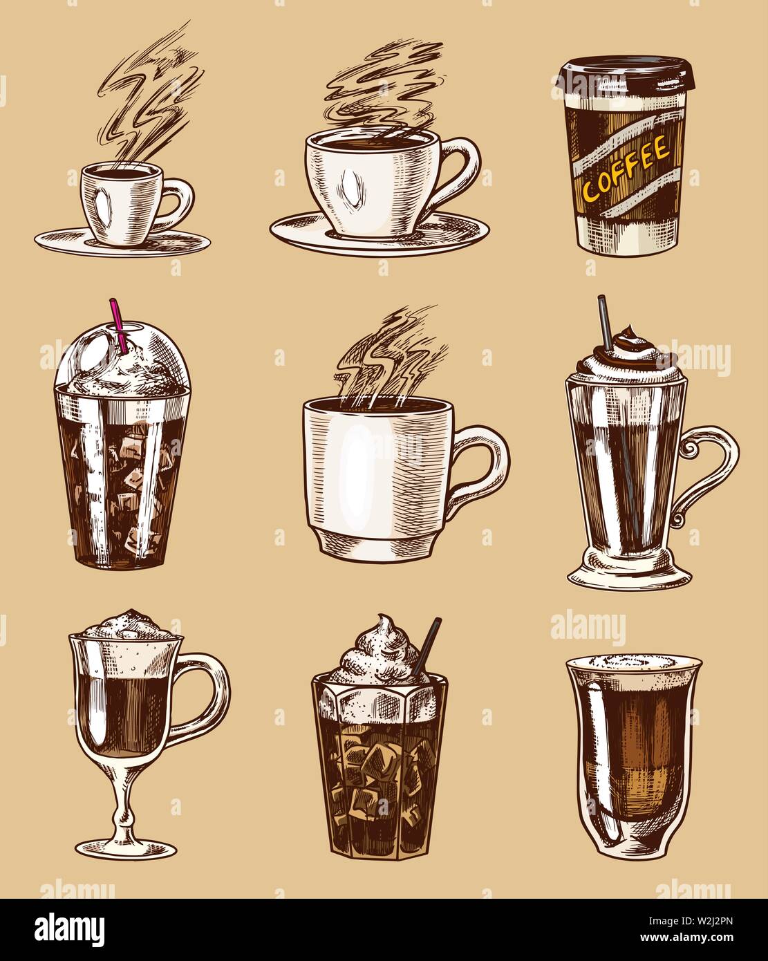 Eingestellt von Tassen Kaffee im Vintage Style. Nehmen Sie Cappuccino und Glace, Espresso und Latte, Mokka und Americano, Frappe in einem Glas. Hand gezeichnet Stock Vektor