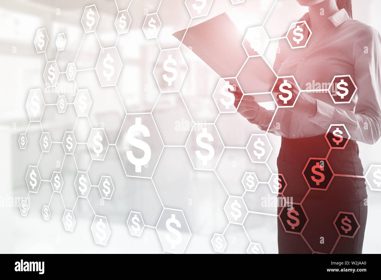 Dollar Symbole auf unscharfen Büro Hintergrund. Finanzielle Hintergrund für geschäftliche Präsentationen. Stockfoto