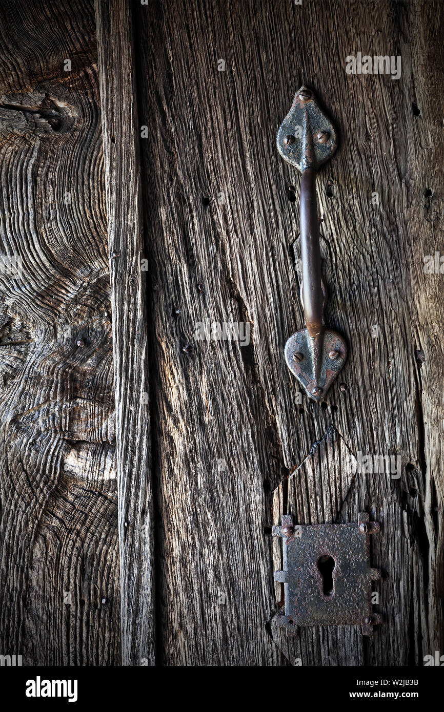Partrishow Kirche aus Holz Eiche Tür Stockfoto