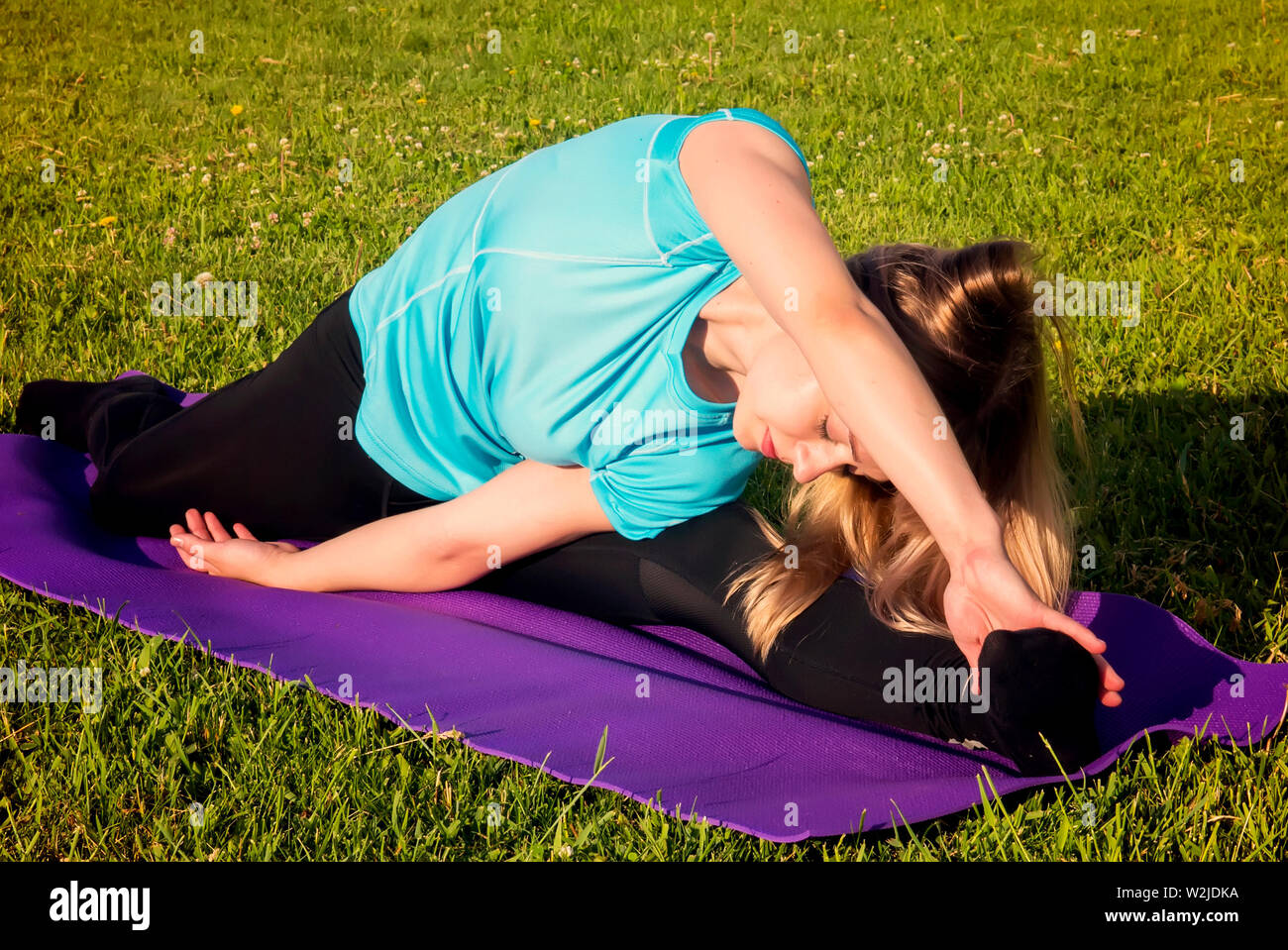 Junge schöne Fitness blonde Frau mit Pferdeschwanz tun Ganzkörperstütz draußen auf der grünen Wiese im Park Stockfoto